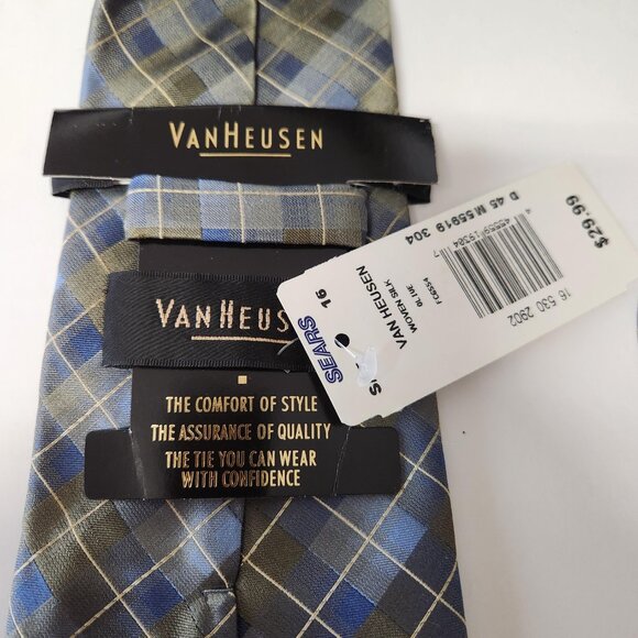 Van Heusen Silk Tie NWT Green & Blue Plaid Stain Resistant - Picture 3 of 5